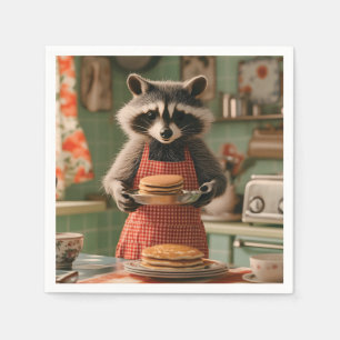 Cute Raccoon Chef in Retro Kitchen Serving Pancake Napkin