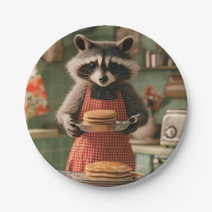 Cute Raccoon Chef in Retro Kitchen Serving Pancake Paper Plate