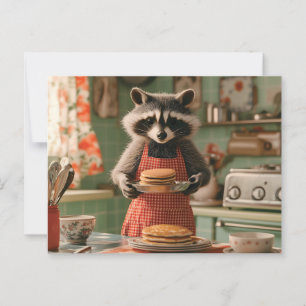 Cute Raccoon Chef in Retro Kitchen Serving Pancake Postcard
