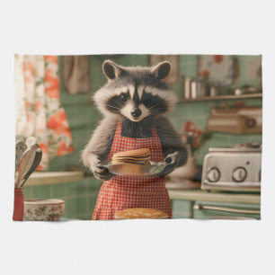 Cute Raccoon Chef in Retro Kitchen Serving Pancake Tea Towel