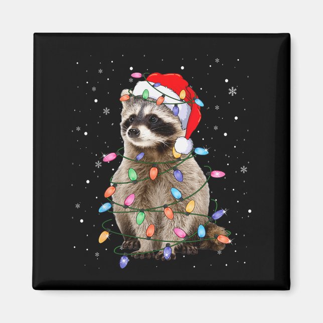 Cute Raccoon Christmas Tree Lights Pajama Raccoon  Magnet (Front)