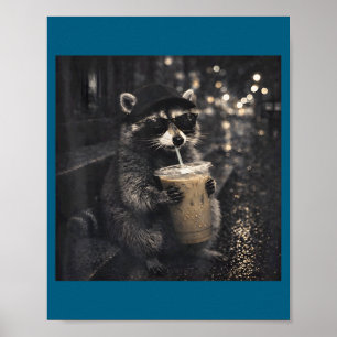 Cute Raccoon Drinking Iced Coffee Funny Poster