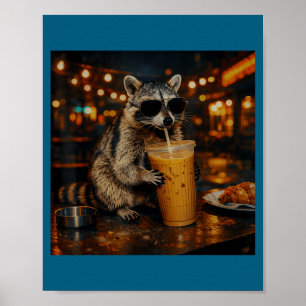 Cute Raccoon Drinking Iced Coffee Funny Poster