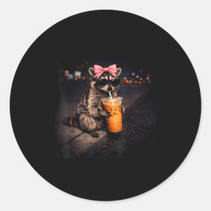 Cute raccoon drinking iced coffee funny raccoon classic round sticker