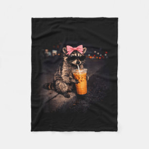 Cute raccoon drinking iced coffee funny raccoon fleece blanket