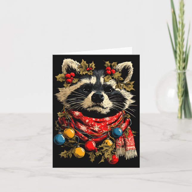 Cute Raccoon F Christmas Lights Festive Forest Ani Card (Front)