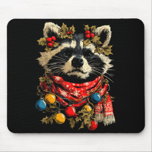 Cute Raccoon F Christmas Lights Festive Forest Ani Mouse Pad