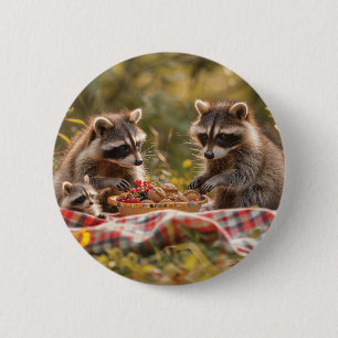Cute raccoon family having a picnic 6 cm round badge