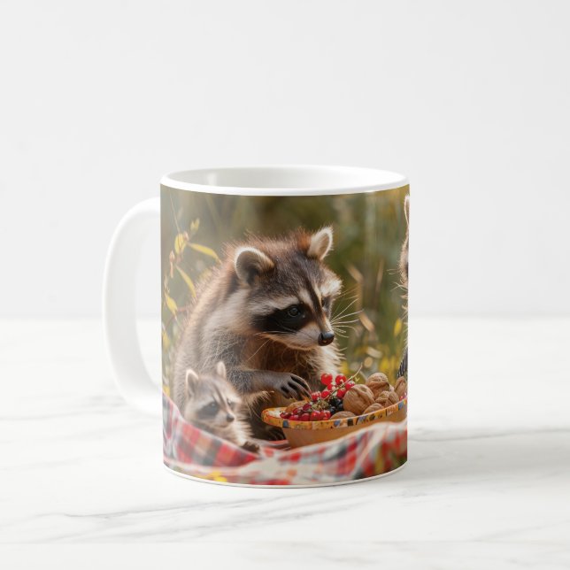 Cute raccoon family having a picnic coffee mug (Front Left)