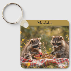 Cute raccoon family having a picnic key ring