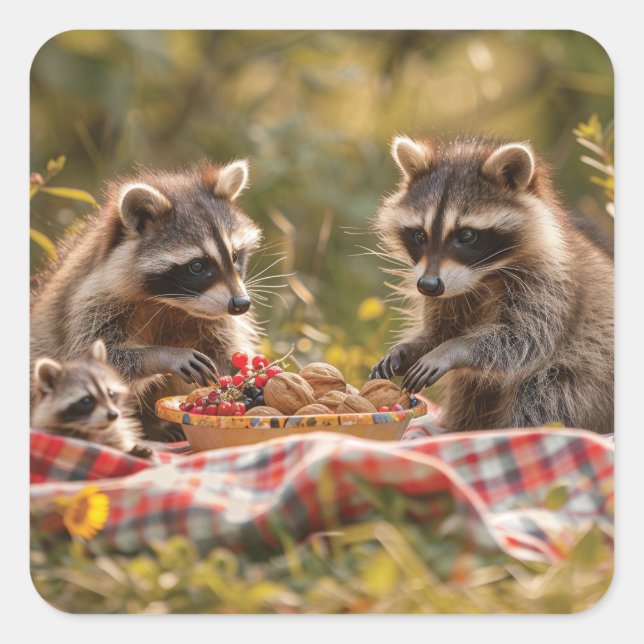 Cute raccoon family having a picnic square sticker (Front)