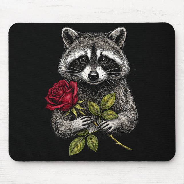 Cute Raccoon Holding A Red Rose Sweet Raccoon Love Mouse Pad (Front)