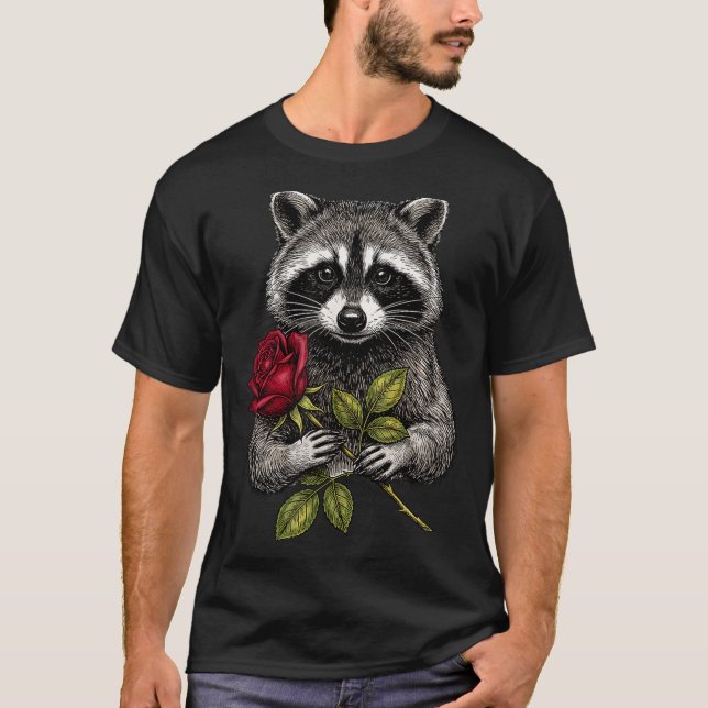 Cute Raccoon Holding A Red Rose Sweet Raccoon Love T-Shirt (Front)