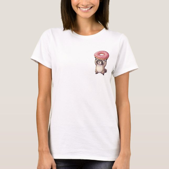 Cute Raccoon Lifting Giant Pink Glazed Donut T-Shirt (Front)
