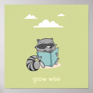 Cute raccoon reading a book baby room green poster
