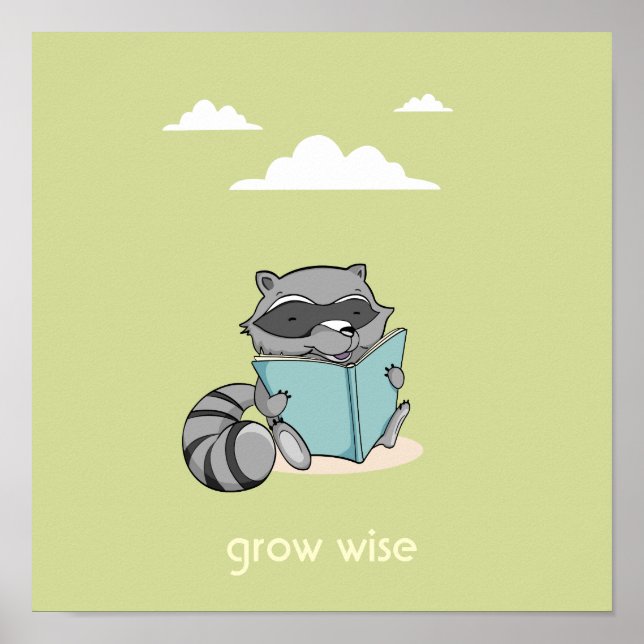 Cute raccoon reading a book baby room green poster (Front)
