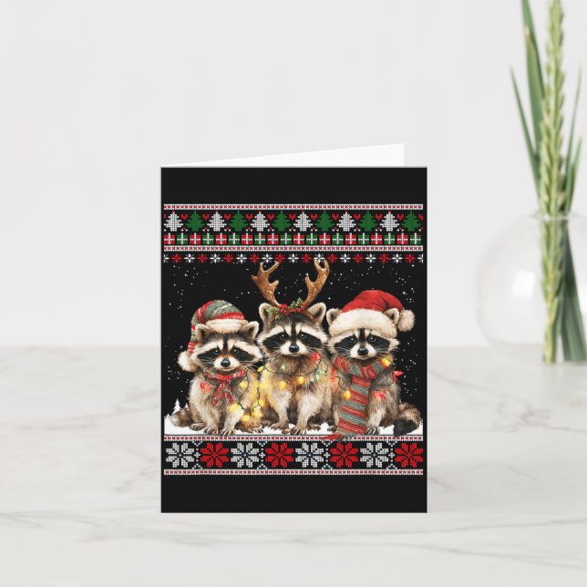 Cute Raccoon Santa Christmas Lights Ugly Xmas Swea Card (Front)