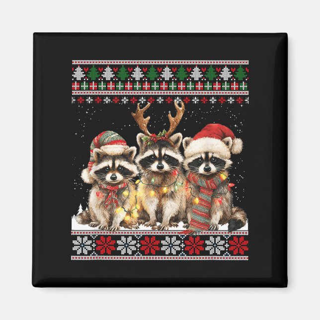 Cute Raccoon Santa Christmas Lights Ugly Xmas Swea Magnet (Front)
