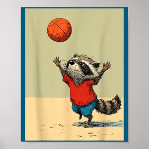 Cute raccoon sports funny basketball cartoon desig poster
