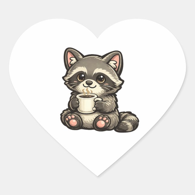 Cute Raccoon with Coffee – Cozy Kawaii Animal Heart Sticker (Front)