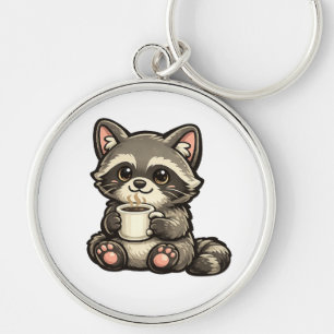 Cute Raccoon with Coffee – Cozy Kawaii Animal Key Ring