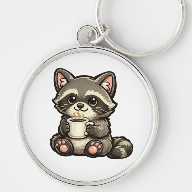 Cute Raccoon with Coffee – Cozy Kawaii Animal Key Ring (Front)