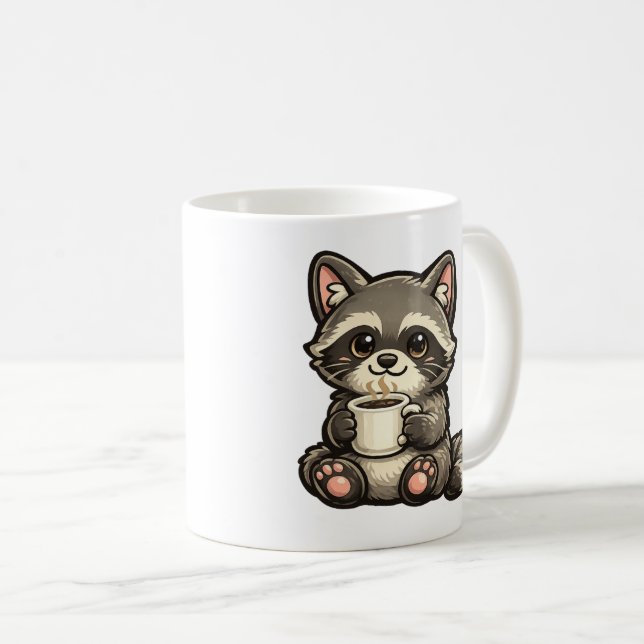 Cute Raccoon with Coffee – Cozy Kawaii Animal Mug (Front Right)