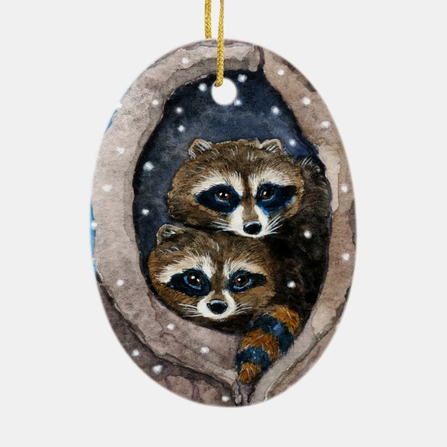 Cute raccoons and snow Christmas ornament (Back)