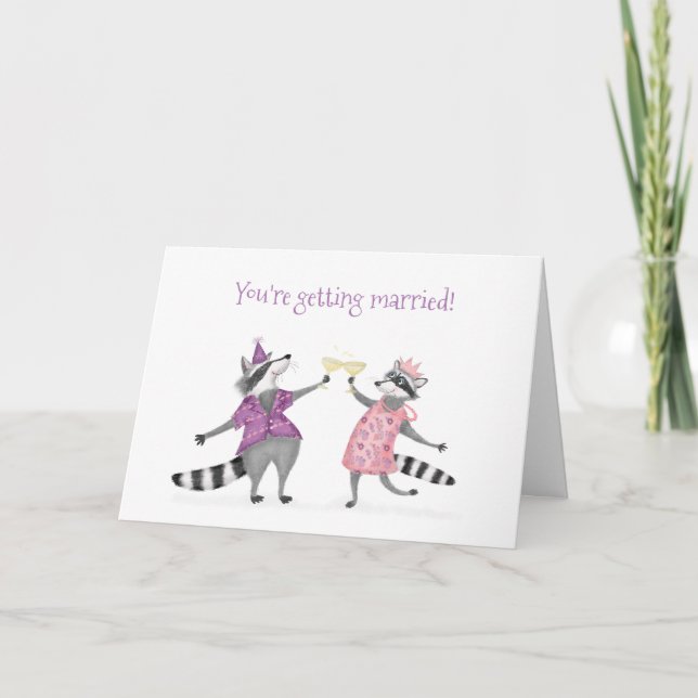 Cute raccoons celebrating engagement card (Front)