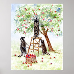 Cute Raccoons in Apple Orchard Poster