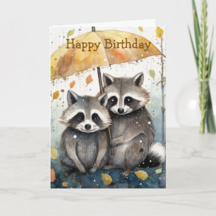 Cute Raccoons in the Rain Birthday Card