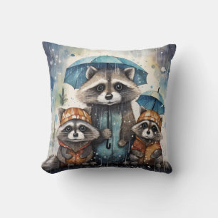 Cute Raccoons in the Rain Cushion