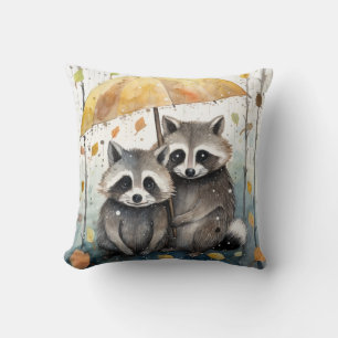 Cute Raccoons in the Rain Cushion