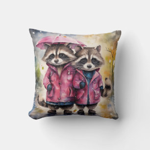 Cute Raccoons in the Rain Cushion