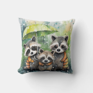 Cute Raccoons in the Rain Cushion