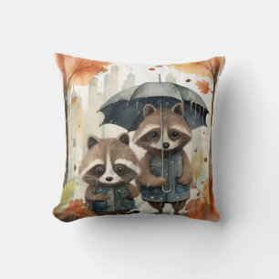 Cute Raccoons in the Rain Cushion