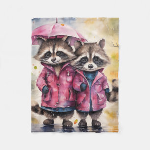 Cute Raccoons in the Rain Fleece Blanket