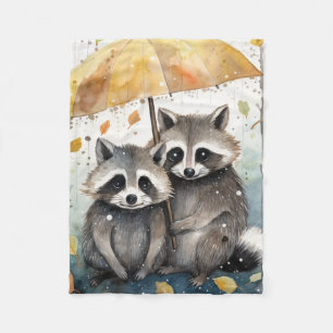 Cute Raccoons in the Rain Fleece Blanket