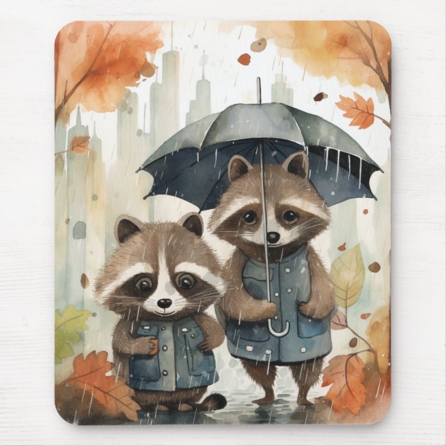 Cute Raccoons in the Rain Mouse Pad (Front)