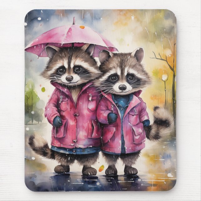 Cute Raccoons in the Rain Mouse Pad (Front)