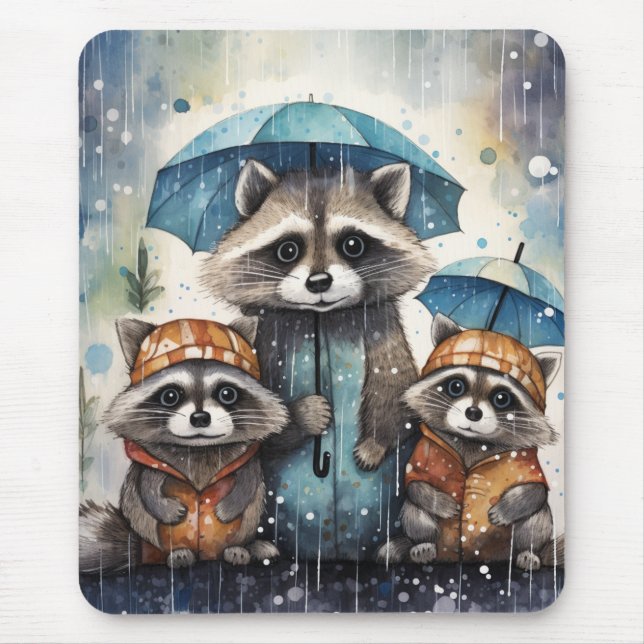 Cute Raccoons in the Rain Mouse Pad (Front)