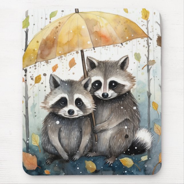 Cute Raccoons in the Rain Mouse Pad (Front)