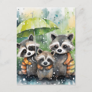 Cute Raccoons in the Rain Postcard