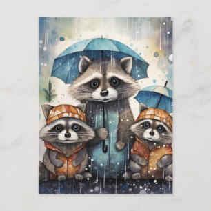 Cute Raccoons in the Rain Postcard