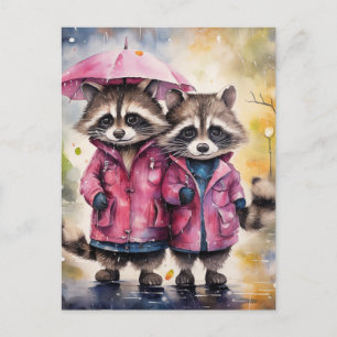 Cute Raccoons in the Rain Postcard