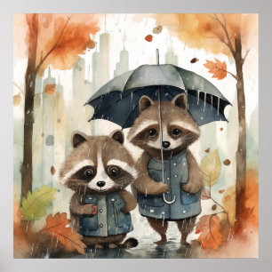 Cute Raccoons in the Rain Poster
