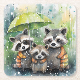 Cute Raccoons in the Rain Square Paper Coaster