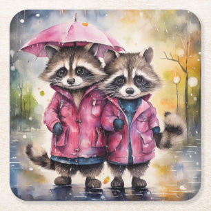 Cute Raccoons in the Rain Square Paper Coaster