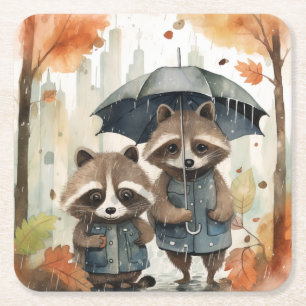 Cute Raccoons in the Rain Square Paper Coaster