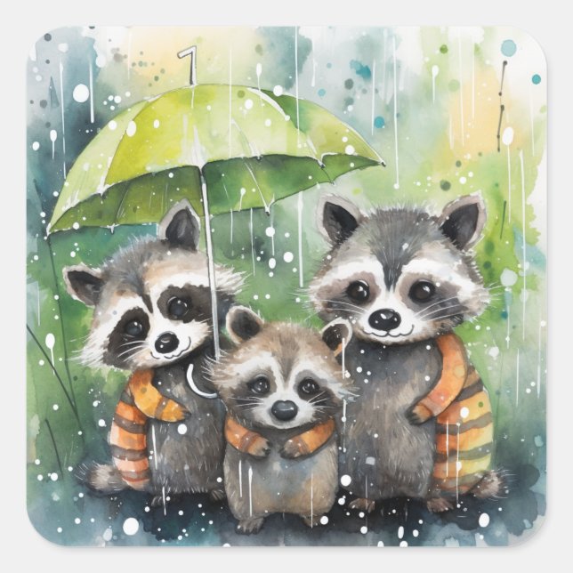Cute Raccoons in the Rain Square Sticker (Front)